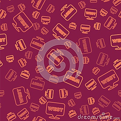 Brown line Pointer to wild west icon isolated seamless pattern on red background. Western signboard, message board Vector Illustration