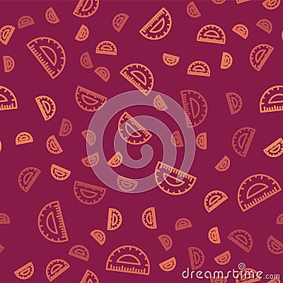 Brown line Protractor grid for measuring degrees icon isolated seamless pattern on red background. Tilt angle meter Vector Illustration