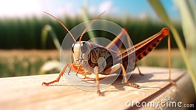 A brown locust grasshopper close portrait in the fields of wheat. Generative AI Stock Photo