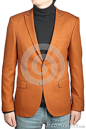 Brown mens suit jacket, male orange-brown blazer with patch. Stock Photo