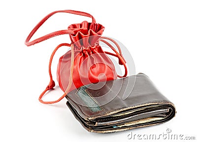 A brown mens wallet with womens red purse Stock Photo