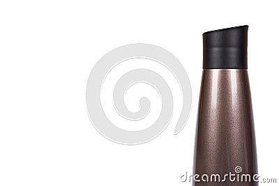 Brown metal thermos, travel mug for hot drinks. . copy space template Stock Photo