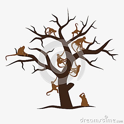 Brown monkey tree with a lot of monkeys eps10 Vector Illustration