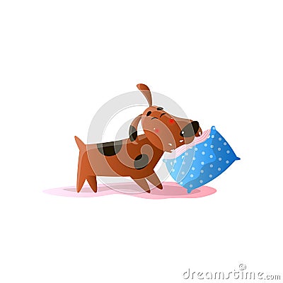 Brown cartoon dog playing with cushion isolated on white background Vector Illustration