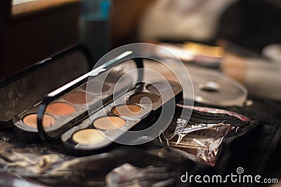 brown nude palette of eyeshadows and makeup brushes. Makeup artist workplace. Stock Photo