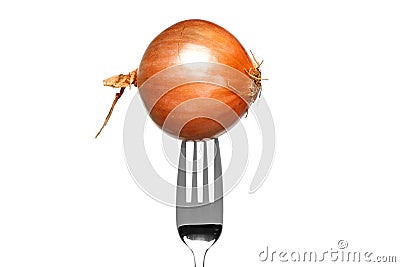 Brown onion on a fork isolated on white Stock Photo