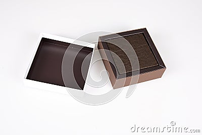 Brown open Gift Box with cower in grey background Stock Photo