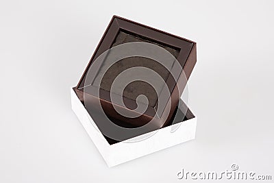 Brown open Gift Box with White cower in grey background Stock Photo
