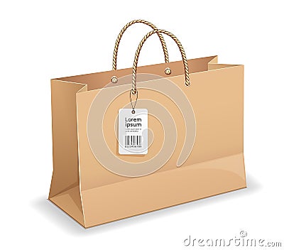 Brown paper bag shopping, with rope handles, and label template mock up design, isolated Vector Illustration