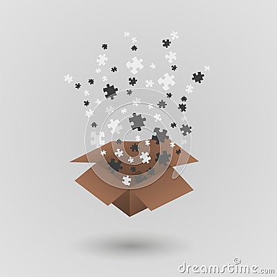 Brown paper box and puzzle pieces Vector Illustration
