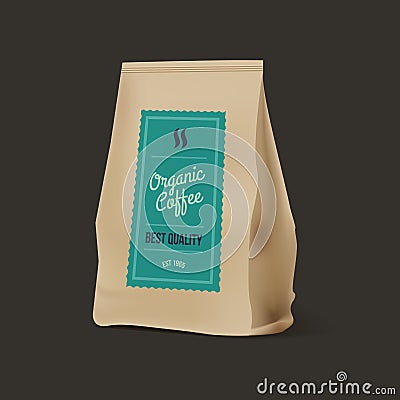 Brown Paper Food Bag Package Of Coffee. Vector mockup Template. Vector packaging design. Vector Illustration