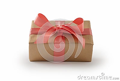 Brown paper gift box with silk rose ribbon isolated on white Stock Photo