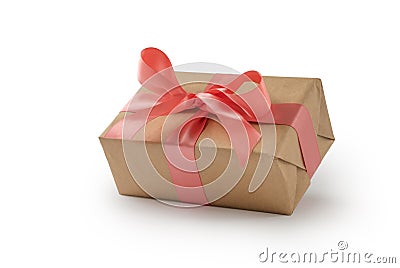 Brown paper gift box with silk rose ribbon isolated on white Stock Photo