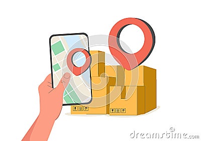 Brown parcel box with receipt paper flowing out. It was floating in front of smartphone shop and there was red pin next Vector Illustration