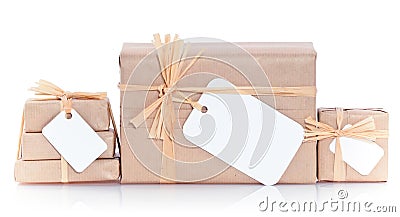 Brown parcels with blank label Stock Photo
