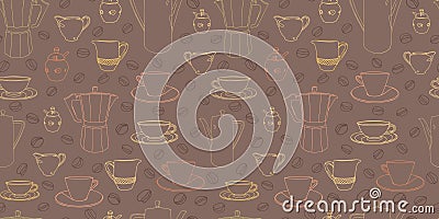 Brown pattern with cup and coffee pot. Vector Illustration