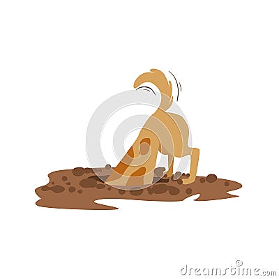 Brown Pet Dog Digging The Dirt In The Garden, Animal Emotion Cartoon Illustration Vector Illustration