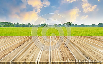 Brown plank wood table, refreshing nature background,rice field in countryside and bright sky backdrop,concept natural freshness Stock Photo