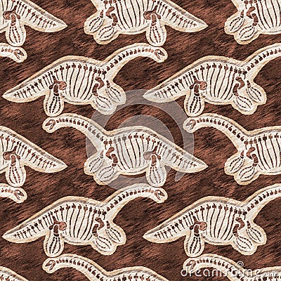 Brown plesiosaur dinosaur fossil bones seamless pattern. Gender Neutral Jurassic silhouette. Home decor for museum Stock Photo