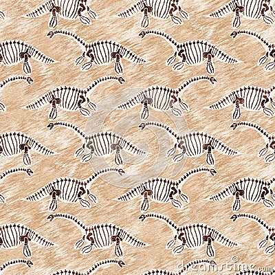 Brown plesiosaur dinosaur fossil bones seamless pattern. Gender Neutral Jurassic silhouette. Home decor for museum Stock Photo