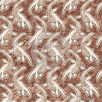 Brown plesiosaur dinosaur seamless pattern. Gender Neutral Jurassic fossil silhouette. Home decor for museum, excintion Stock Photo