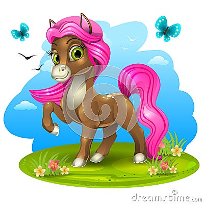 Brown pony with pink tail Editorial Stock Photo