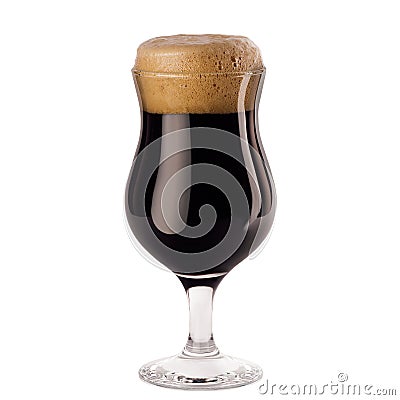 Brown porter beer in wineglass with foam isolated on white background. Stock Photo