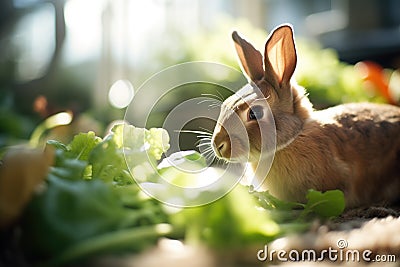 brown rabbit feasting on garden greens under sunlight Stock Photo