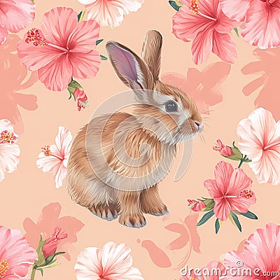 Brown rabbit with pink hibiscus on peach background . Stock Photo