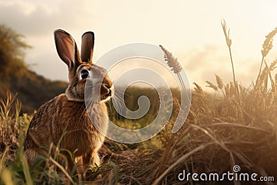 Brown rabbit standing in field Stock Photo