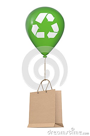 Brown Recycled Paper Shopping Bag Floating with Green Hellium Balloon with Recycle Sign. 3d Rendering Stock Photo