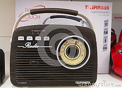 Brown retro style Telefunken radio for sale in Auchan on December 25, 2019 in Russia, Kazan, Hussein Yamashev Avenue 46 Editorial Stock Photo