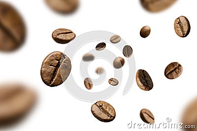 Brown roasted coffee beans falling and flying on black background.Represent breakfast for energy and freshness concept Stock Photo