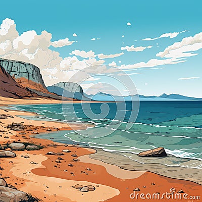 Vivid Comic Book Style Beach In Rocky Mountains Stock Photo