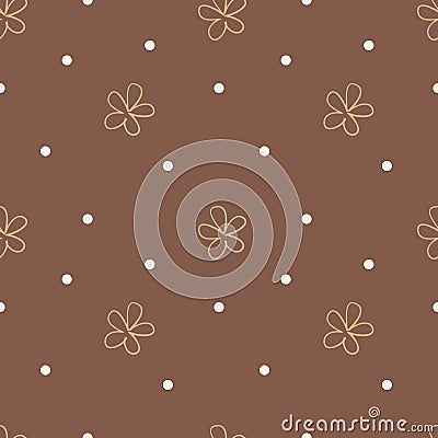 Brown seamless background with beige flowers and white dots. Cute floral pattern. Vector Vector Illustration