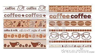 Brown seamless borders with coffee grains and cups - vector set Vector Illustration