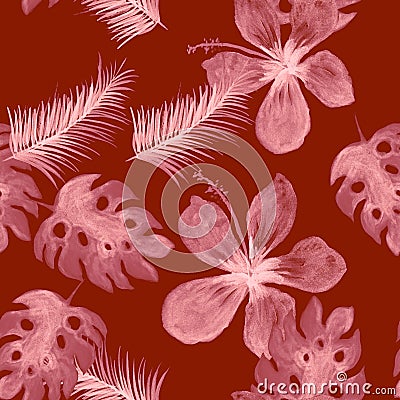 Brown Seamless Illustration. Gray Pattern Design. Pink Tropical Illustration. Coral Garden Palm. Ruby Watercolor Plant. Stock Photo