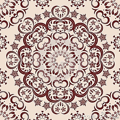 Brown seamless ornament in circle on beige background in vector. Mandala, mehendi. Vector Illustration