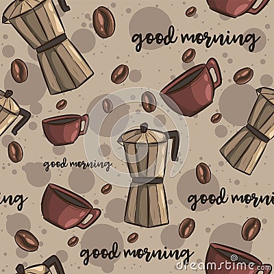 Brown seamless pattern with coffee. Repetitive beverage background with different objects Vector Illustration