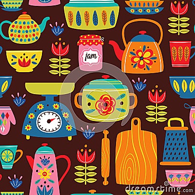 Brown seamless pattern with vintage kitchen Vector Illustration