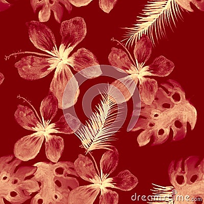 Brown Seamless Textile. Gray Pattern Nature. Pink Tropical Botanical. Scarlet Garden Texture. Monstera Leaves. Stock Photo