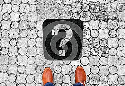 Brown shoes standing on the floor with question mark - meaning of life - next travel destination Stock Photo