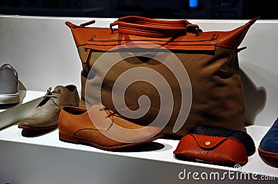 Brown suede bag and leather shoes Stock Photo