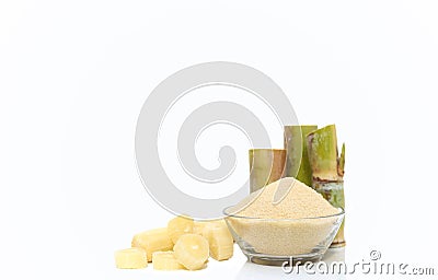 Brown Sugar in bowl and stump of sugar cane Stock Photo