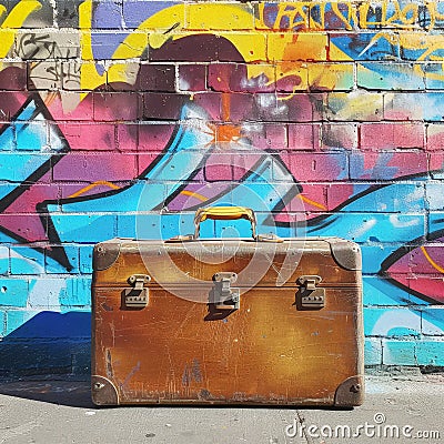 Brown suitcase in front of graffiti covered wall Stock Photo