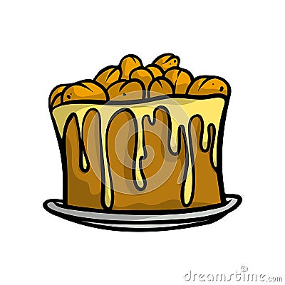 Brown sweet cake with fresh nuts, yellow honey cream Vector Illustration