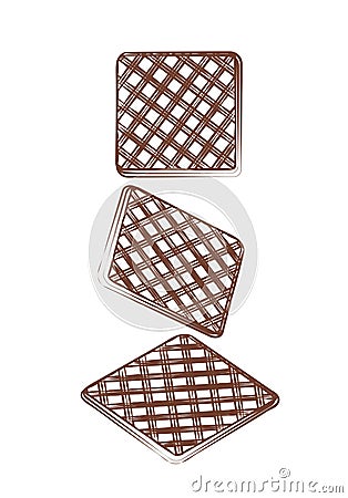 Brown Sweet waffles. Contour illustration slice crispy confectionery tasty patisserie waffle. Silhouette dessert for Vector Illustration