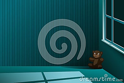 A teddy-bear left alone in the corner of an empty room at night Stock Photo