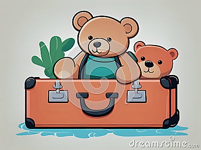 Brown teddy bears sitting on top of an orange suitcase, illustration for childern Cartoon Illustration