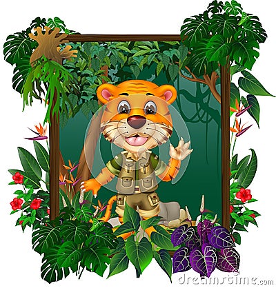 Brown Tiger In Forest With Tropical Plant and Flower Cartoon Stock Photo